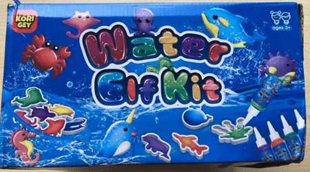 "Kori Gey" and "Water Elf Kit" are printed on the front of the outer packaging of the recalled toy kits