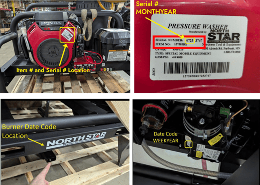 NorthStar Trailer-Mounted Hot Water Commercial Pressure Washer (Item #157595) - Serial number location on engine and burner date code location under NorthStar logo