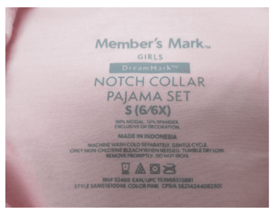 "Member's Mark" and the size are printed on the recalled pajama's neck label