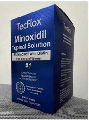 Recalled TecFlox Topical Solution - hair and beard growth serum packaging