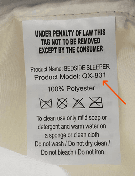 "Product Model: QX-831” is printed on a label located on bottom of the convertible bassinets underneath the mattress pad