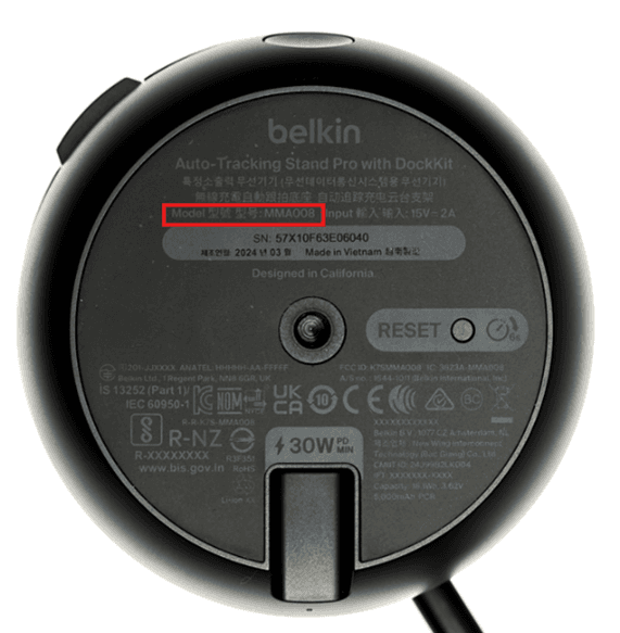 Location of model number on the recalled MMA008 Portable Wireless Charging Stand (in red box)