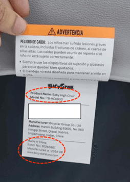 "BICYSTAR" and "Model No.: TB-HC6900" are printed on labels stitched to the back of the recalled Bicystar high chair seat cover