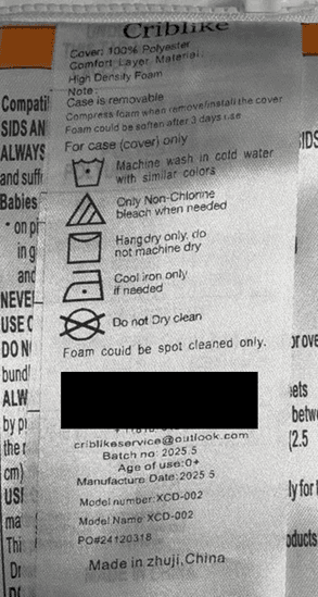 Recalled Criblike Pack and Play Mattress Label XCD-002