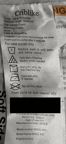 Recalled Criblike Mini-Crib Mattress Label MNCL-001