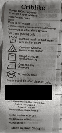 Recalled Criblike Pack and Play Mattress Label XCD-001