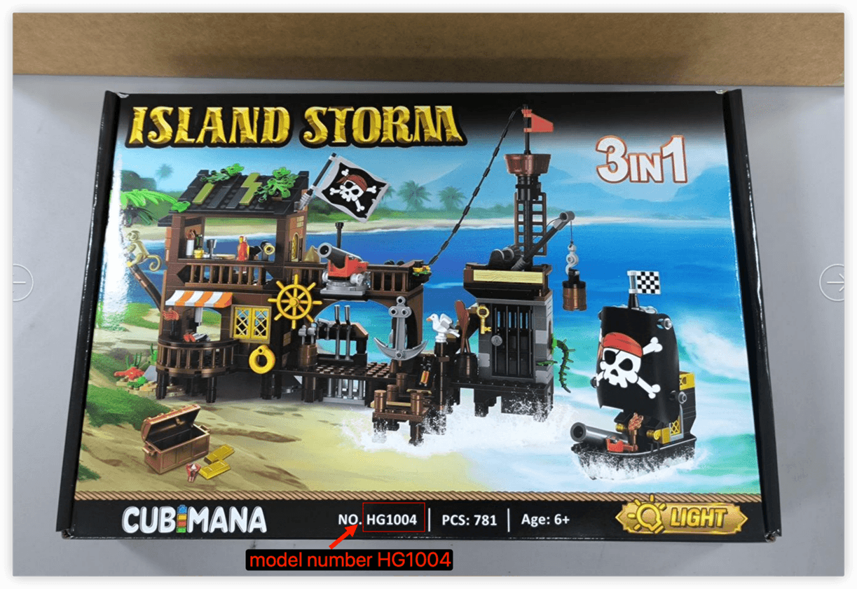 Recalled Cubimana Pirate Ship Building Set box with model number (front)