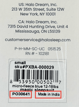 The hang tag with the batch code and "Made in India" circled