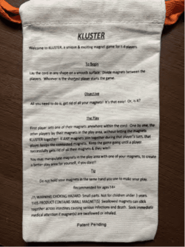 Recalled Kluster Fun Tabletop Magnet Chess Game (Back of Pouch with Gameplay Instructions)
