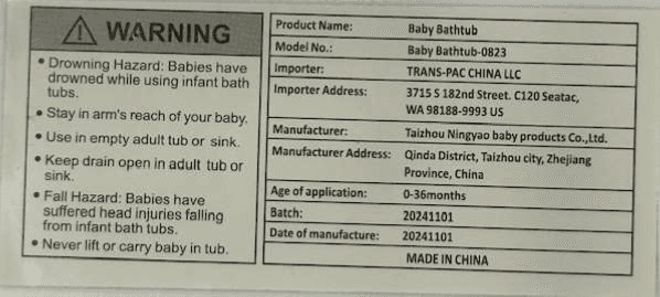 Label of Recalled Napei Collapsible Infant Bath Tub