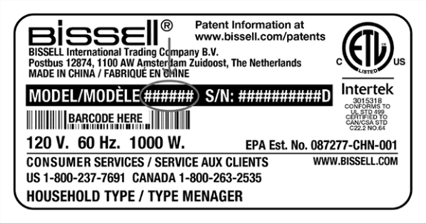 Rating label is located at the bottom of product showing the model number