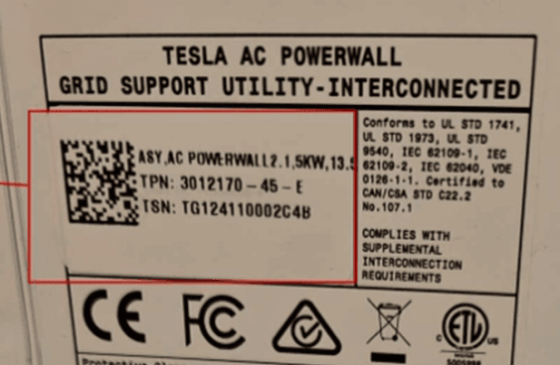 Recalled Powerwall 2 AC Battery System (Product Nameplate Sticker)