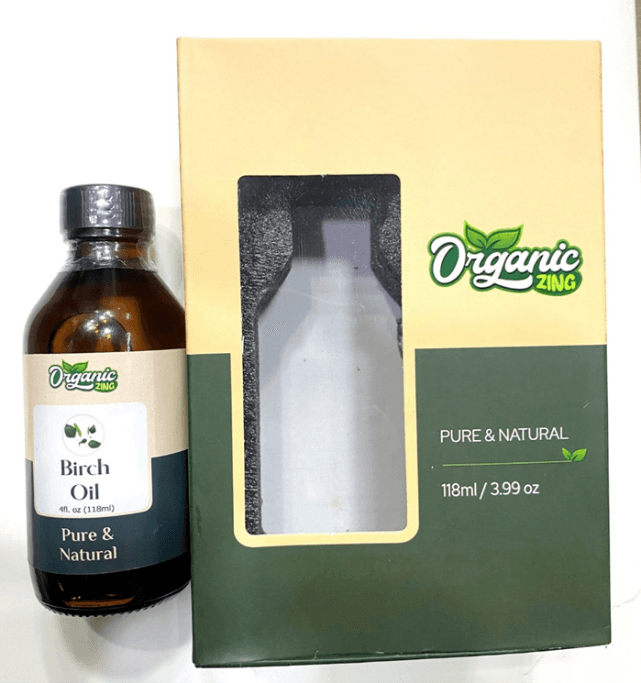 Recalled Organic Zing Birch Essential Oil Bottle and packaging