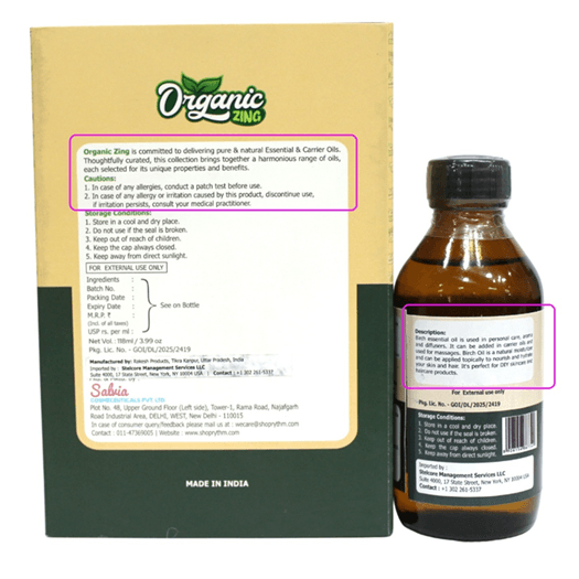 Recalled Organic Zing Birch Essential Oil Bottle and packaging (Back)