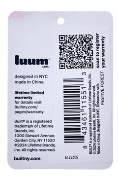 "lumm," the tumbler's theme name, item number and UPC code are printed on a label located on the tumblers' underside or hangtag