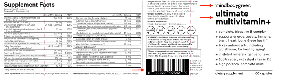 Label on Mindbodygreen Ultimate Multivitamin+ Dietary Supplement Bottles