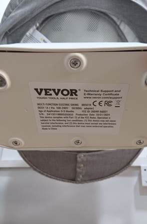 Recalled Vevor Baby Swing Label on White Base, Model Number BB501K