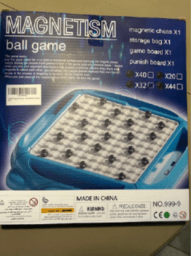 "Magnetism Ball Game" is printed on the front of the "Magnetism ball game" box and "Number 999-9" on the back