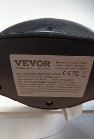 Recalled Vevor Baby Swing Label on Black Base, Model Number BB005K