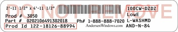 Label with product ID number on 100 Series casement windows