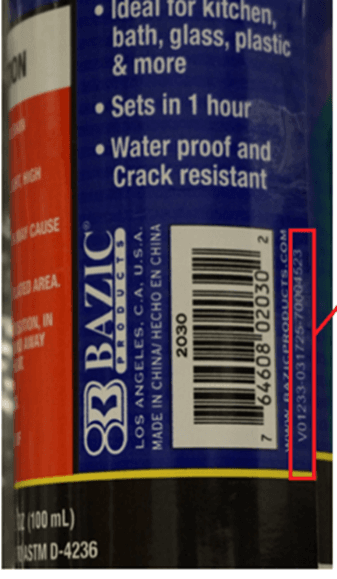 Recalled Bazic Silicone Glue – Location of Batch Code