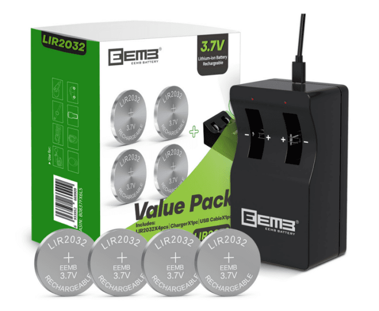 Recalled EEMB Lithium-ion Coin Battery Charger with Rechargeable 2032 Batteries
