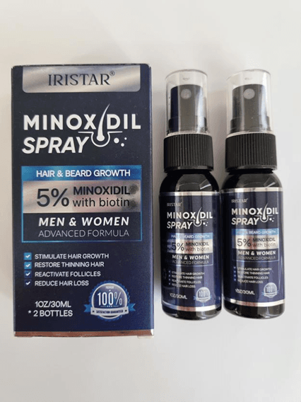 Recalled Iristar Minoxidil Spray Bottles with packaging